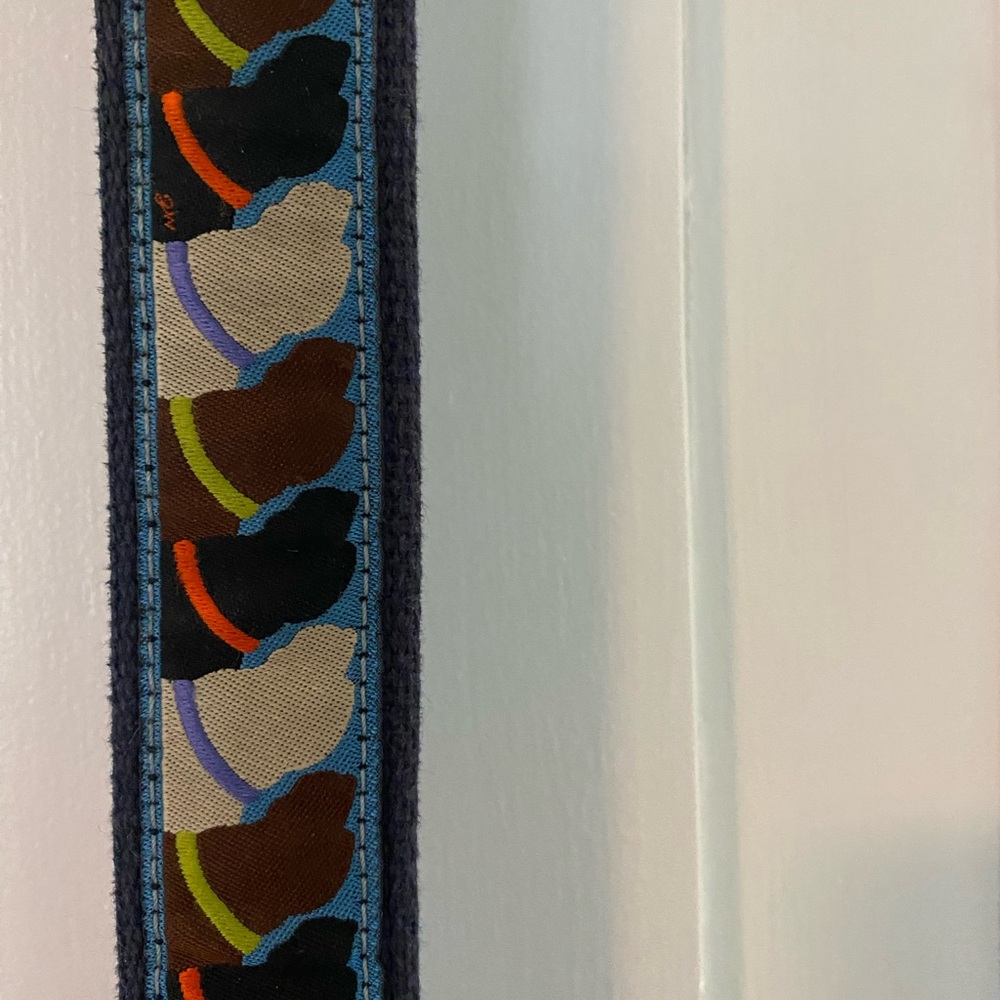 Leather-Trim Navy Woven Belt with dog print